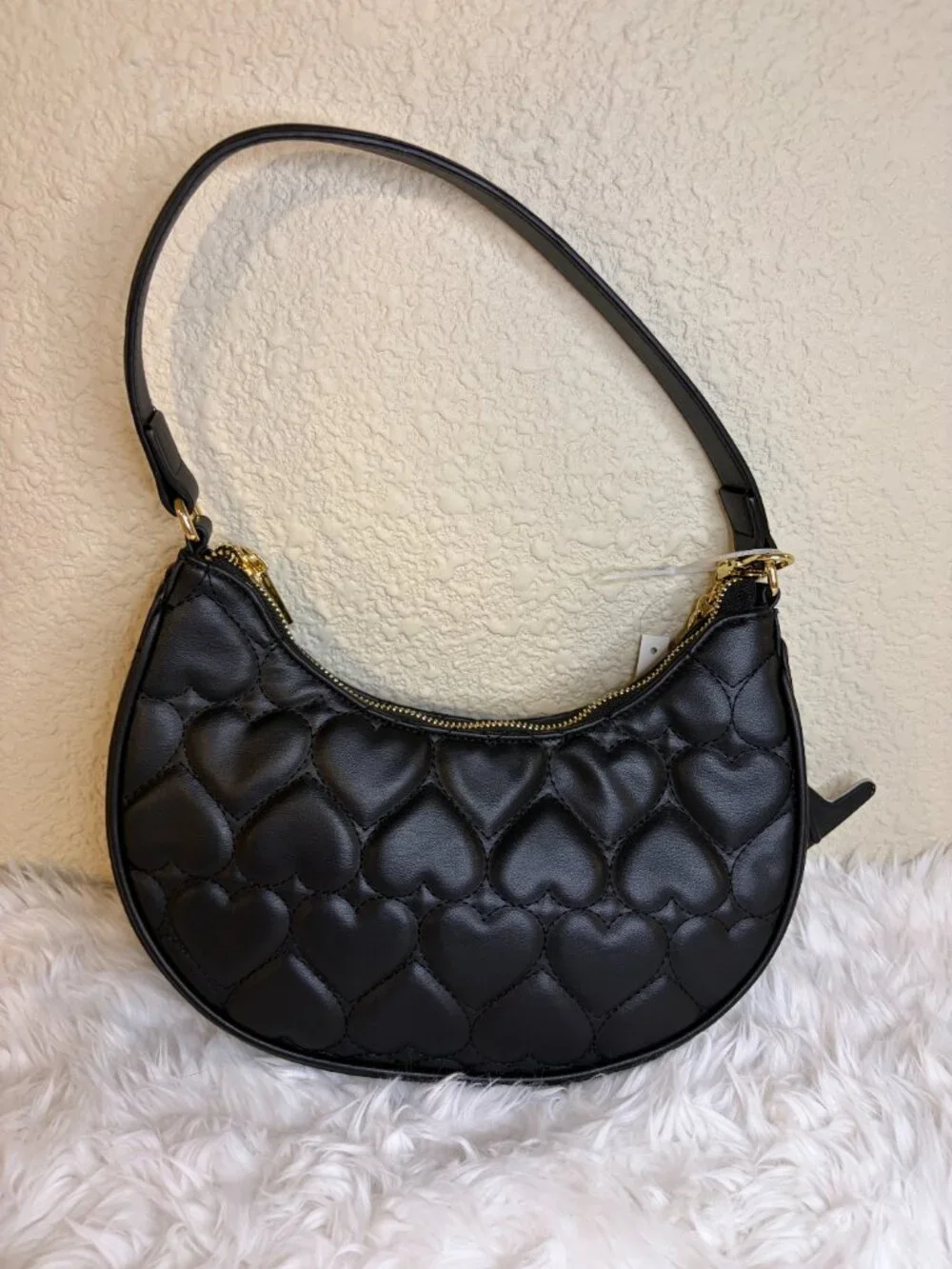 Betsey Johnson Black Heart Quilted Hobo Bag Martini Olive Charm NWT